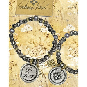 Patricia Nash Antique Gold Satin Bead Be Strong Statement Charm Stretch Bracelet